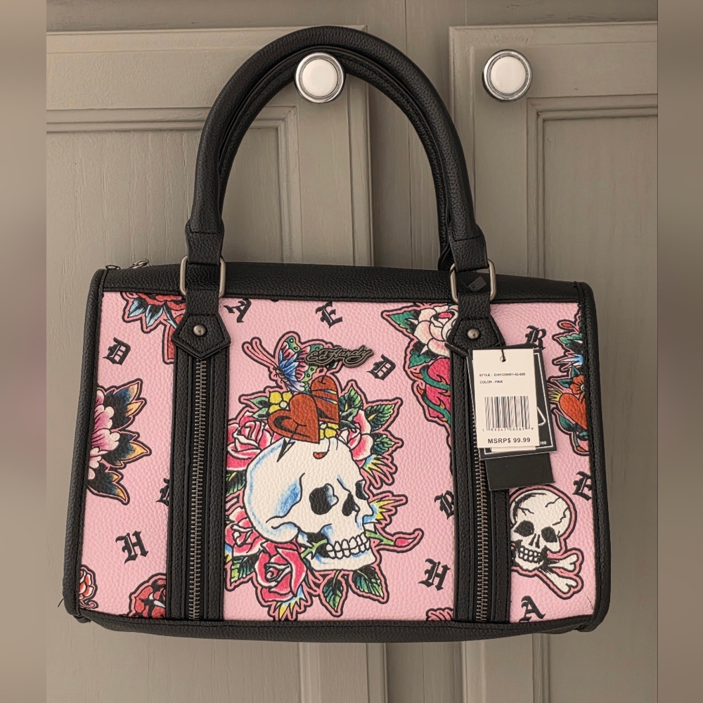 Ed Hardy Pink Skull Floral Hearts Women's Bag Satchel Crossbody NWT Retail $99 - Picture 2 of 16